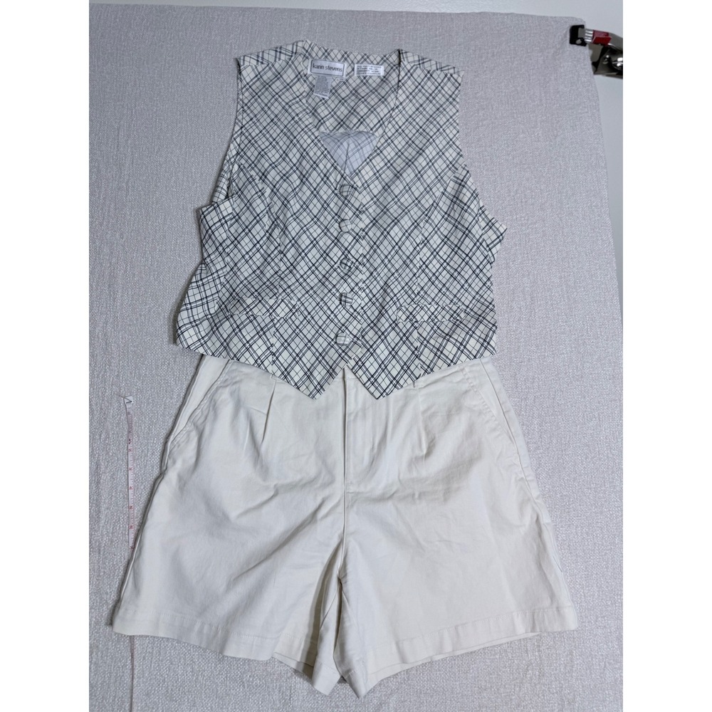 Vintage Karin Stevens Plaid Vest Cream Black Rayon Button Front Cinch Back Sz 14